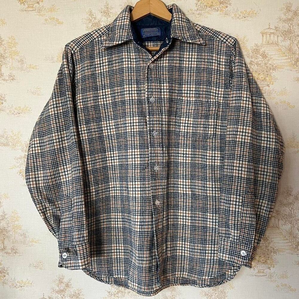 Vintage 60s Pendleton Virgin Wool Flannel | Tan Houndstooth | Size Large-Fits M